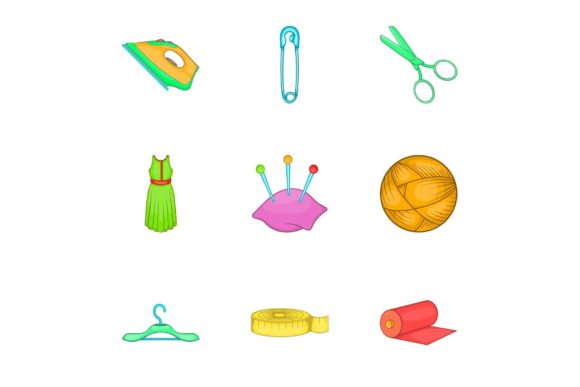 Embroidery Kit Icons Set: A Cartoon Delight