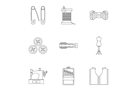 Embroidery Kit Icons Set, Outline Style