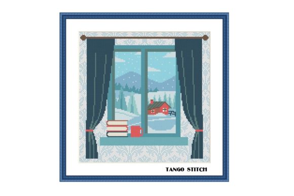 Winter Window Mountain View Cross Stitch